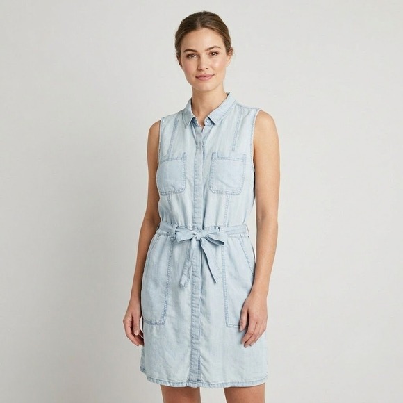 Dex Dresses & Skirts - Dex‎ Denim Shirt Dress Womens Large Light Blue Sleeveless Belted Casual Tencil